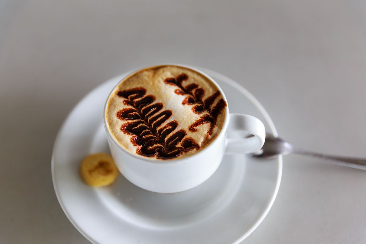 A beautifully crafted latte with artistic foam design served in a white cup on a saucer.
